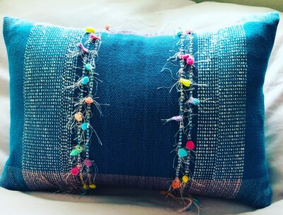 Handwoven Cushions, all Natural Cotton with delicate frills. Turquoise, pins and lavender. Approximately 12x18” - image1